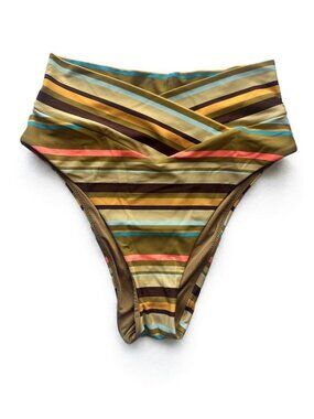 Aerie High Cut Cheeky Bikini Bottoms Striped Brown Yellow Blue Swimwear S